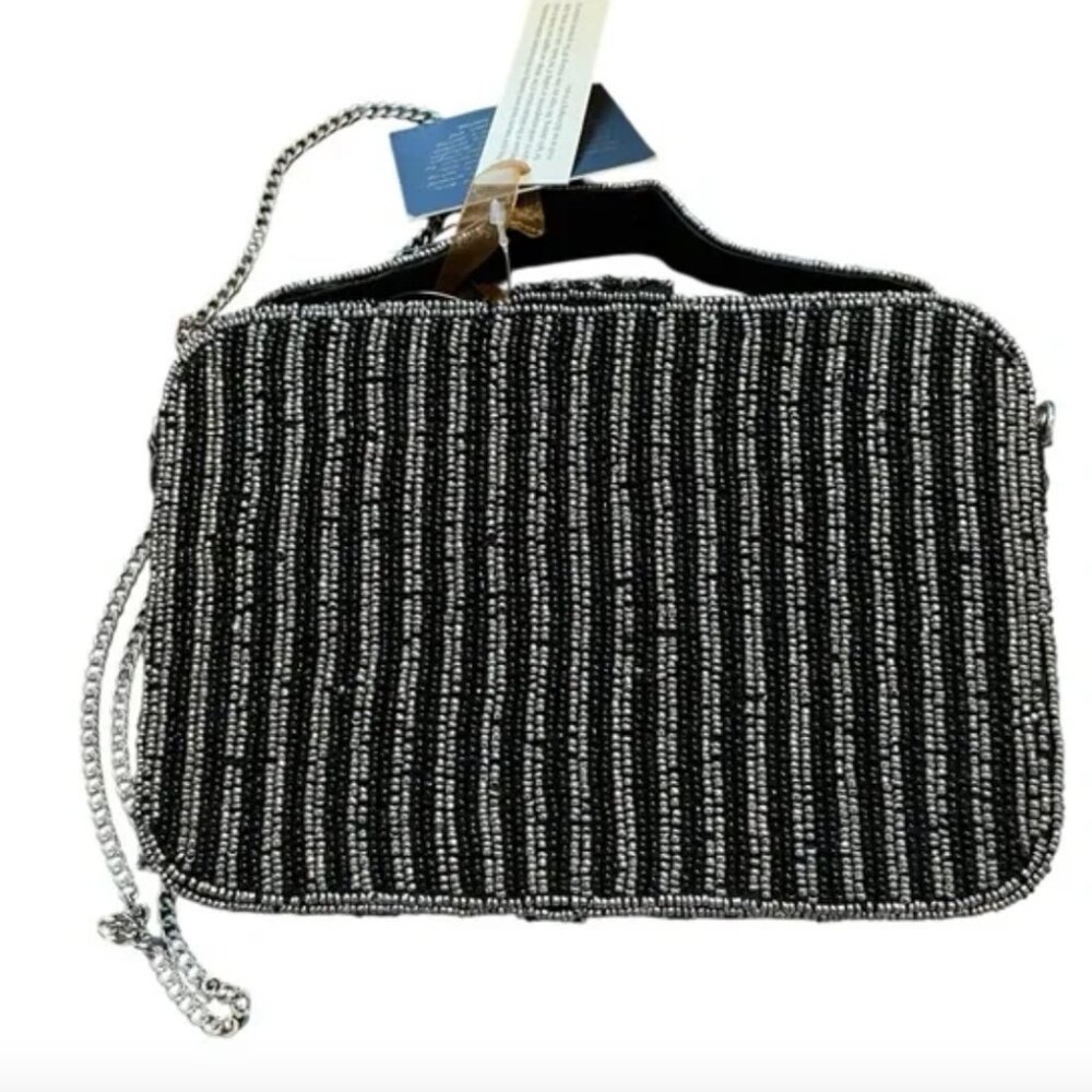 NWT Black Silver Stripe Travel Beaded Made in India Passport Plane Crossbody Bag - Picture 2 of 6